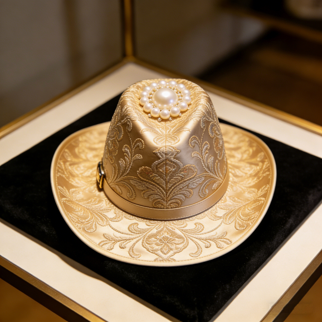RoyalPearl Fedora: The Gold Satin Embroidered Pearl Fedora Hat