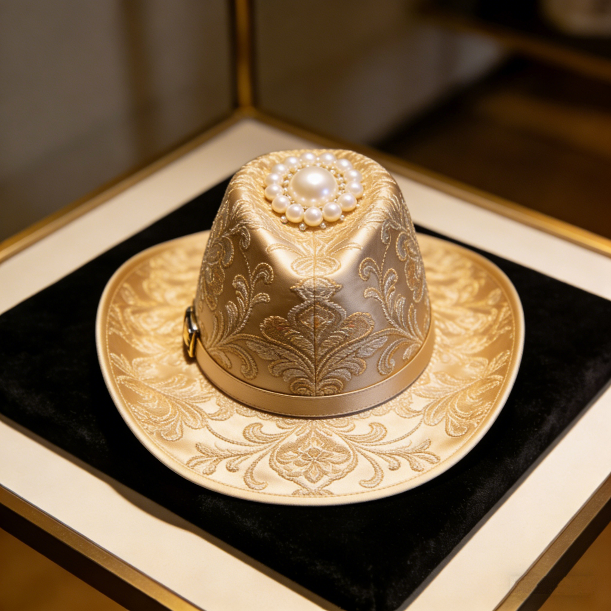 RoyalPearl Fedora: The Gold Satin Embroidered Pearl Fedora Hat