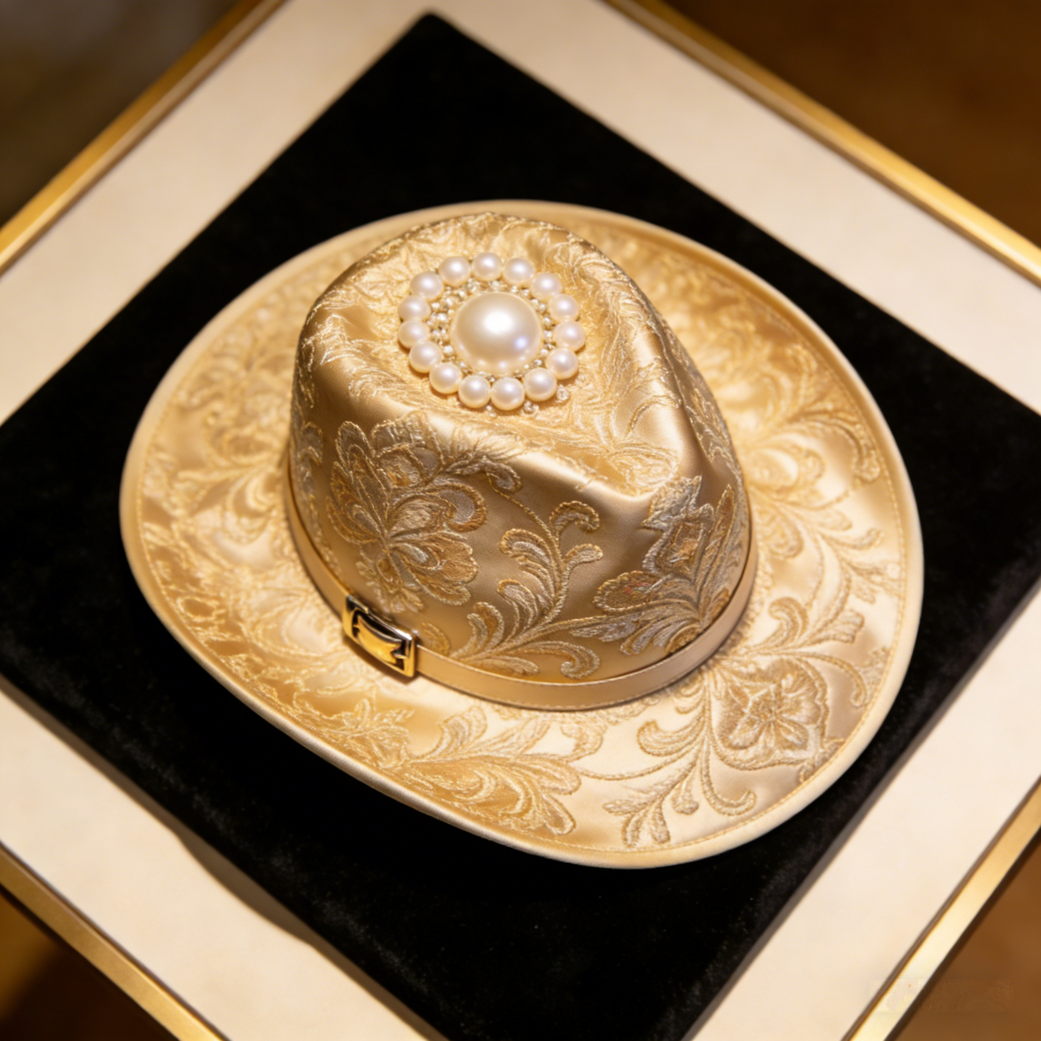 RoyalPearl Fedora: The Gold Satin Embroidered Pearl Fedora Hat