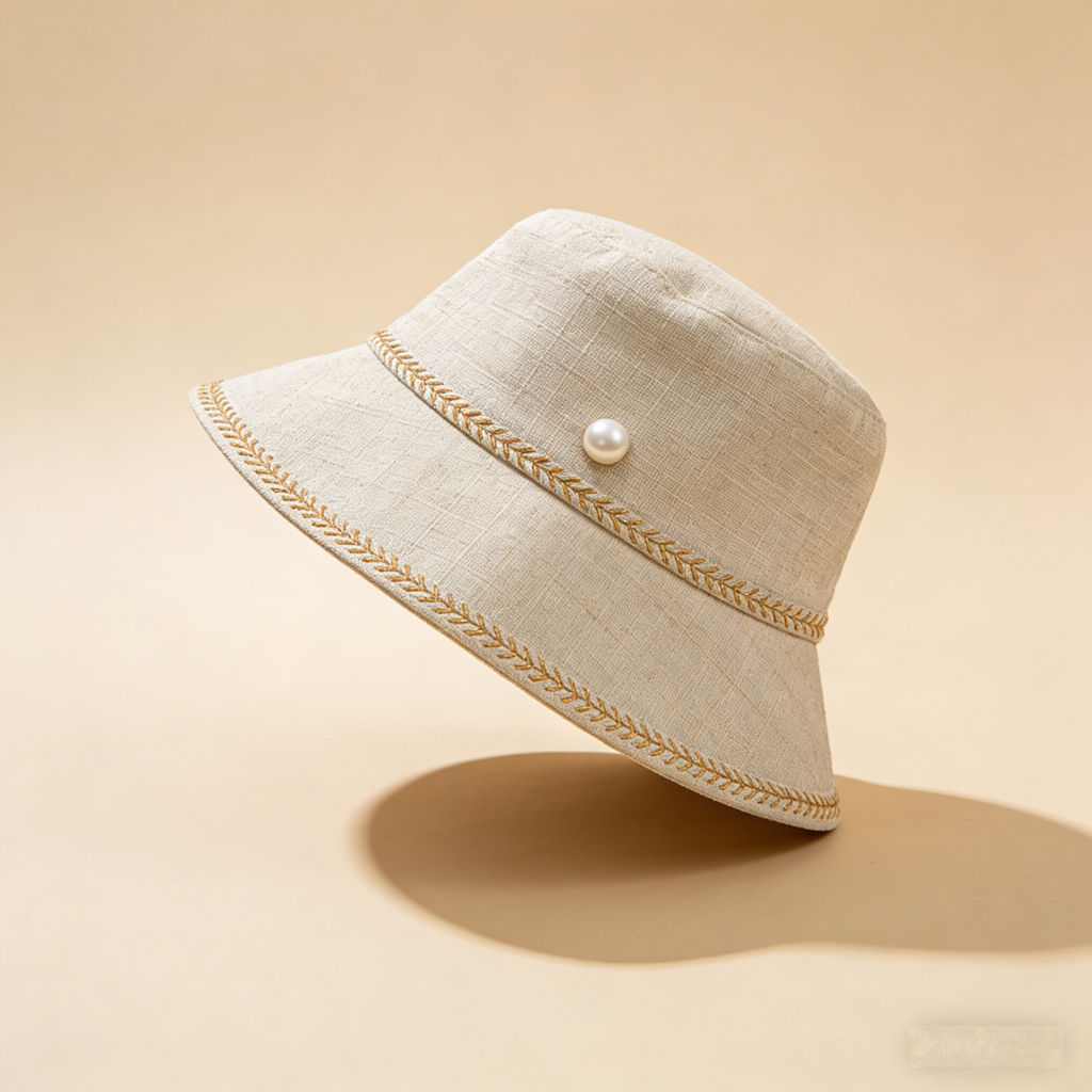 PearlWeave Bucket Hat: The Linen-Blend Pearl Embellished Bucket Hat