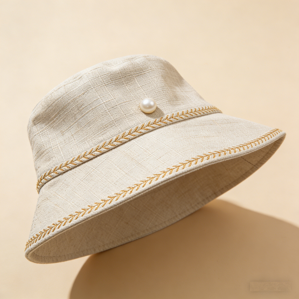 PearlWeave Bucket Hat: The Linen-Blend Pearl Embellished Bucket Hat