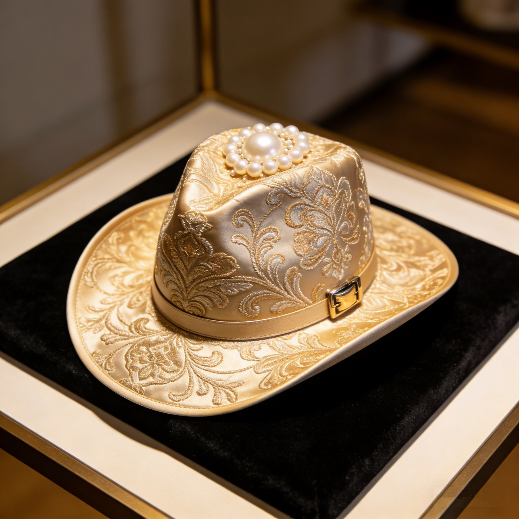 RoyalPearl Fedora: The Gold Satin Embroidered Pearl Fedora Hat