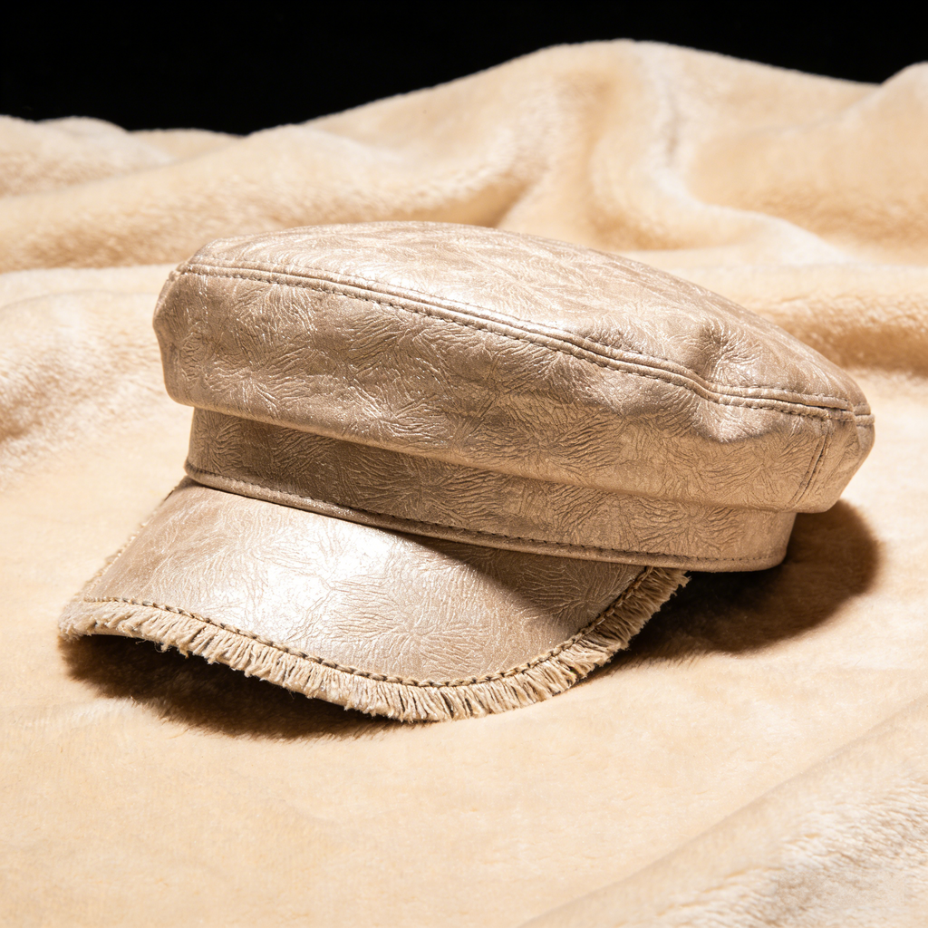 FrayedChic Captain: The Beige Textured Faux Leather Newsboy Cap